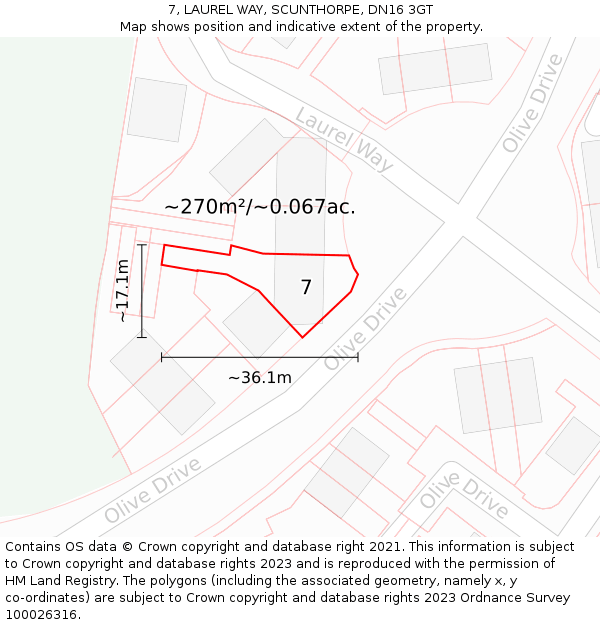 7, LAUREL WAY, SCUNTHORPE, DN16 3GT: Plot and title map