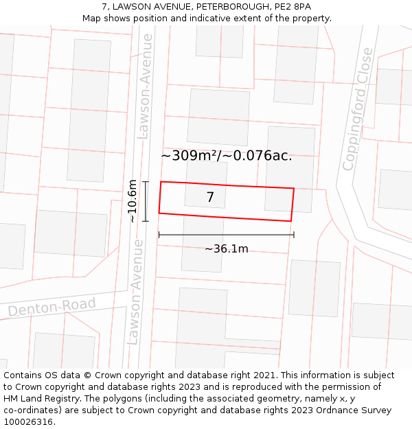 7, LAWSON AVENUE, PETERBOROUGH, PE2 8PA: Plot and title map