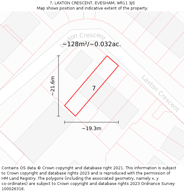 7, LAXTON CRESCENT, EVESHAM, WR11 3JS: Plot and title map