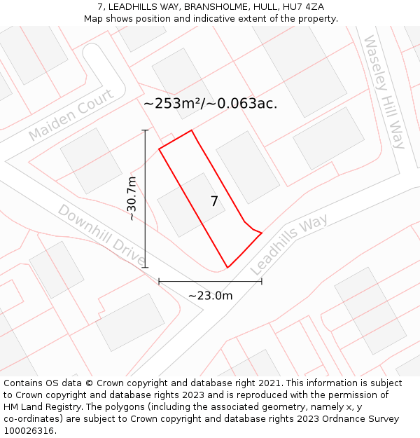 7, LEADHILLS WAY, BRANSHOLME, HULL, HU7 4ZA: Plot and title map