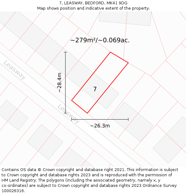 7, LEASWAY, BEDFORD, MK41 9DG: Plot and title map