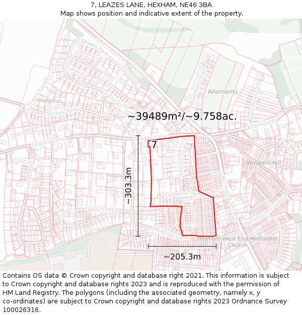 7, LEAZES LANE, HEXHAM, NE46 3BA: Plot and title map