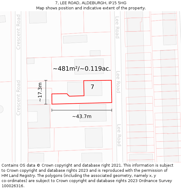 7, LEE ROAD, ALDEBURGH, IP15 5HG: Plot and title map