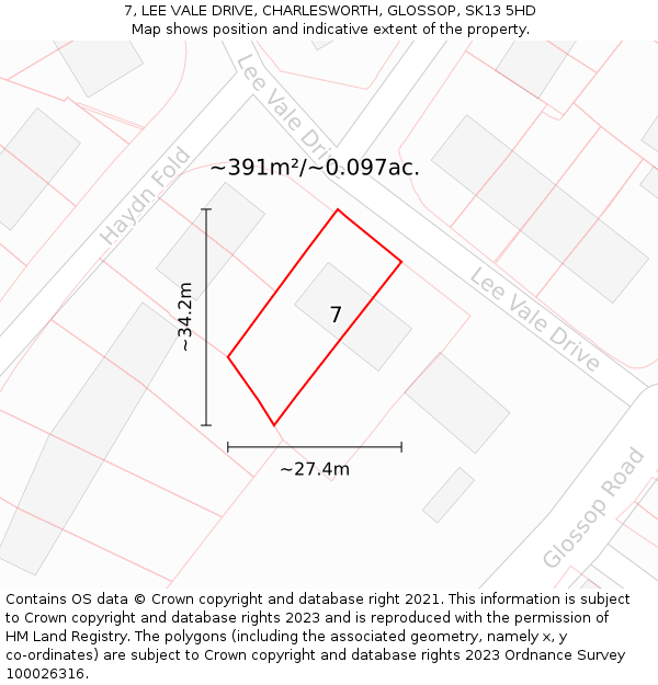 7, LEE VALE DRIVE, CHARLESWORTH, GLOSSOP, SK13 5HD: Plot and title map