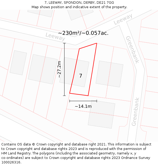 7, LEEWAY, SPONDON, DERBY, DE21 7GG: Plot and title map