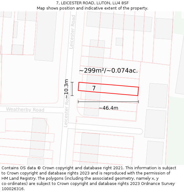 7, LEICESTER ROAD, LUTON, LU4 8SF: Plot and title map