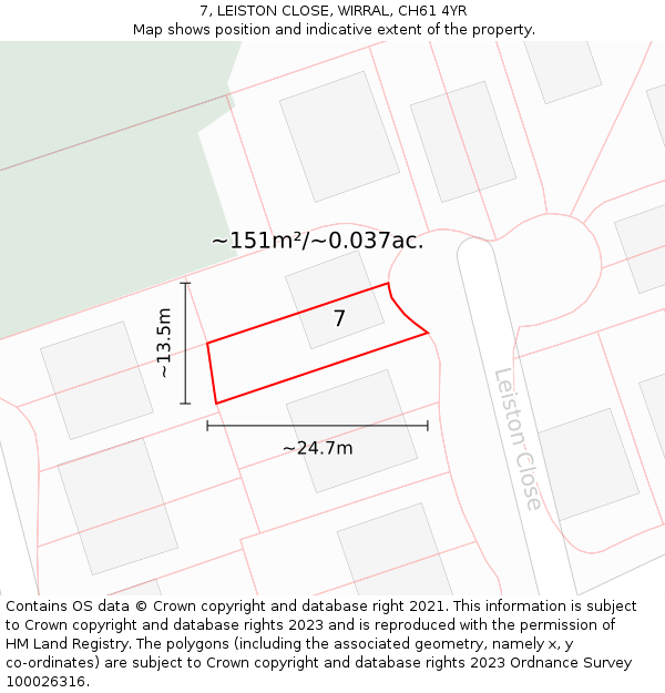 7, LEISTON CLOSE, WIRRAL, CH61 4YR: Plot and title map