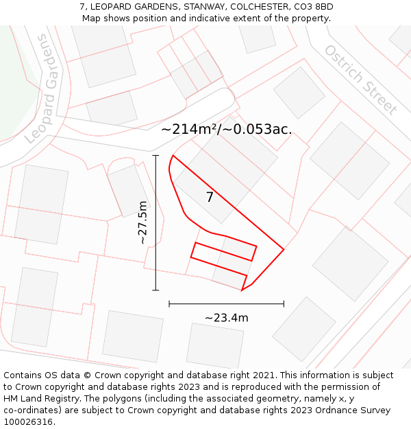 7, LEOPARD GARDENS, STANWAY, COLCHESTER, CO3 8BD: Plot and title map