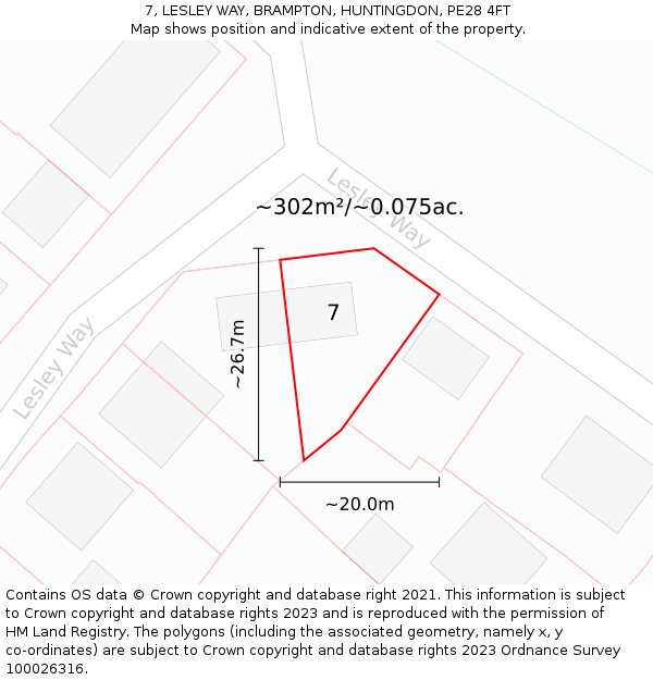 7, LESLEY WAY, BRAMPTON, HUNTINGDON, PE28 4FT: Plot and title map