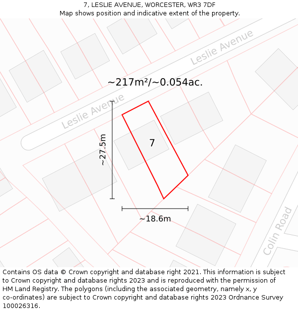 7, LESLIE AVENUE, WORCESTER, WR3 7DF: Plot and title map