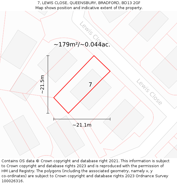 7, LEWIS CLOSE, QUEENSBURY, BRADFORD, BD13 2GF: Plot and title map