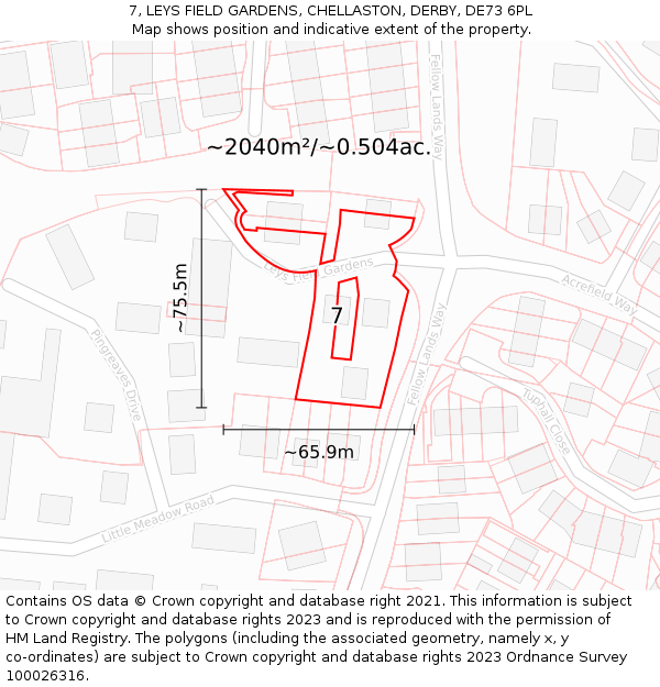 7, LEYS FIELD GARDENS, CHELLASTON, DERBY, DE73 6PL: Plot and title map