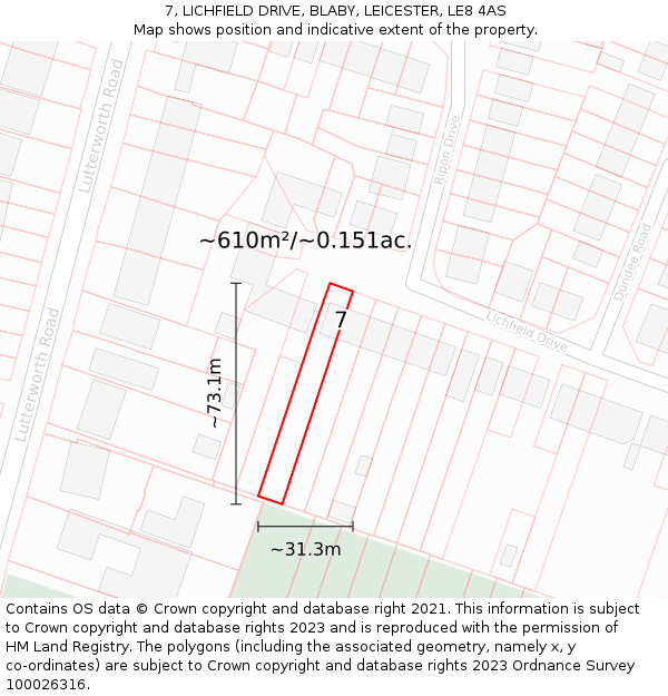 7, LICHFIELD DRIVE, BLABY, LEICESTER, LE8 4AS: Plot and title map