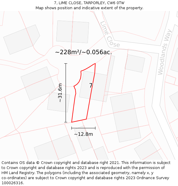 7, LIME CLOSE, TARPORLEY, CW6 0TW: Plot and title map
