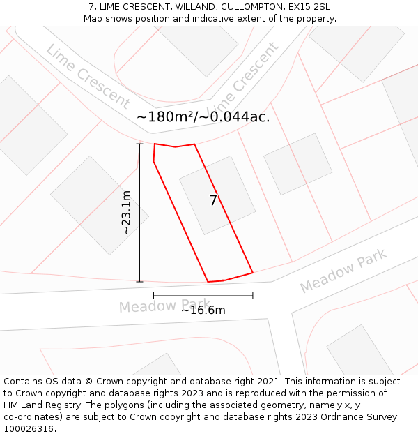 7, LIME CRESCENT, WILLAND, CULLOMPTON, EX15 2SL: Plot and title map