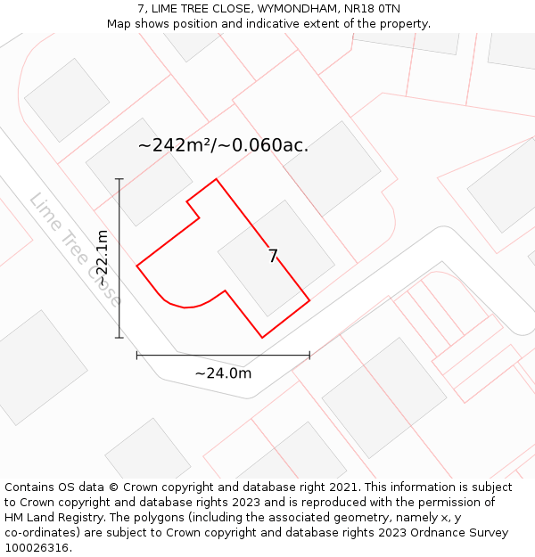 7, LIME TREE CLOSE, WYMONDHAM, NR18 0TN: Plot and title map