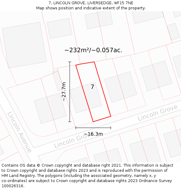7, LINCOLN GROVE, LIVERSEDGE, WF15 7NE: Plot and title map