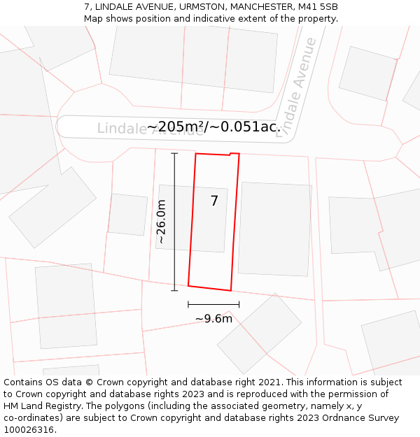 7, LINDALE AVENUE, URMSTON, MANCHESTER, M41 5SB: Plot and title map