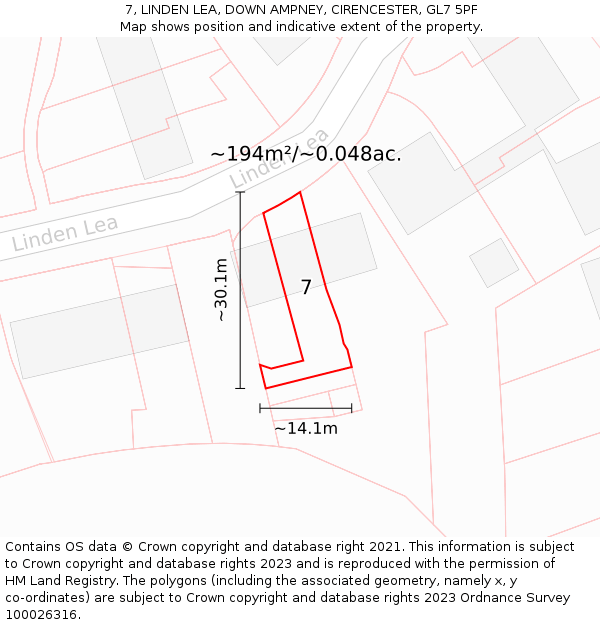 7, LINDEN LEA, DOWN AMPNEY, CIRENCESTER, GL7 5PF: Plot and title map