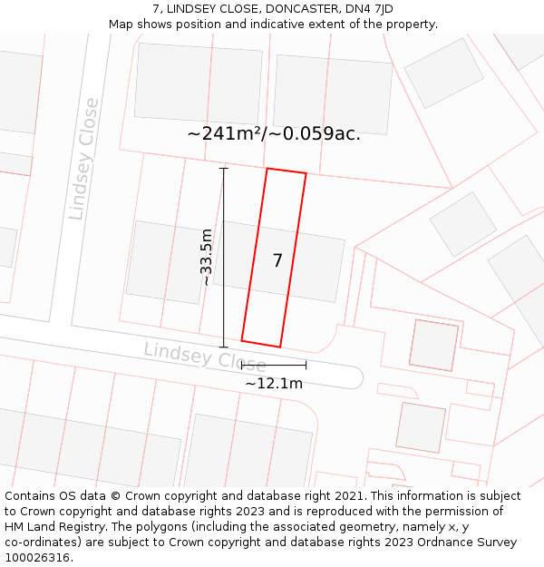 7, LINDSEY CLOSE, DONCASTER, DN4 7JD: Plot and title map