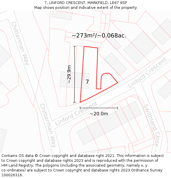 7, LINFORD CRESCENT, MARKFIELD, LE67 9SP: Plot and title map