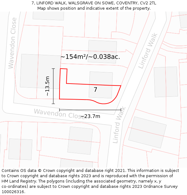 7, LINFORD WALK, WALSGRAVE ON SOWE, COVENTRY, CV2 2TL: Plot and title map