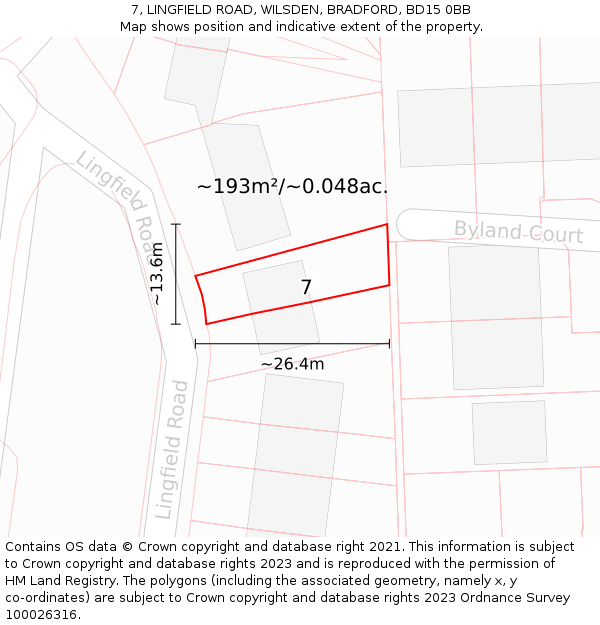 7, LINGFIELD ROAD, WILSDEN, BRADFORD, BD15 0BB: Plot and title map