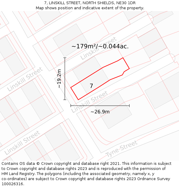 7, LINSKILL STREET, NORTH SHIELDS, NE30 1DR: Plot and title map