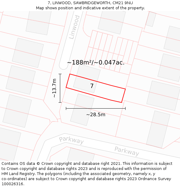 7, LINWOOD, SAWBRIDGEWORTH, CM21 9NU: Plot and title map