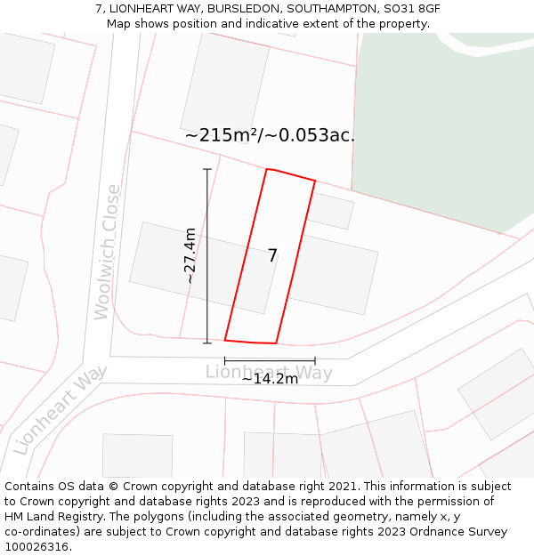 7, LIONHEART WAY, BURSLEDON, SOUTHAMPTON, SO31 8GF: Plot and title map