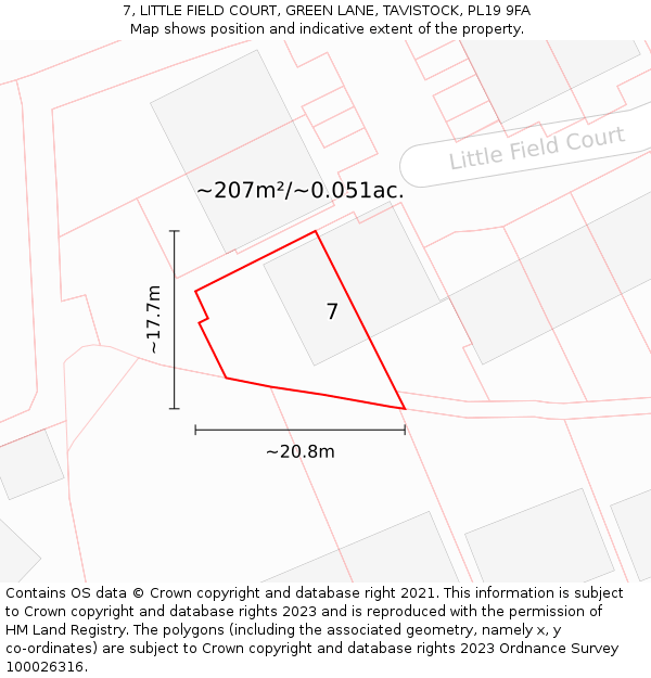 7, LITTLE FIELD COURT, GREEN LANE, TAVISTOCK, PL19 9FA: Plot and title map