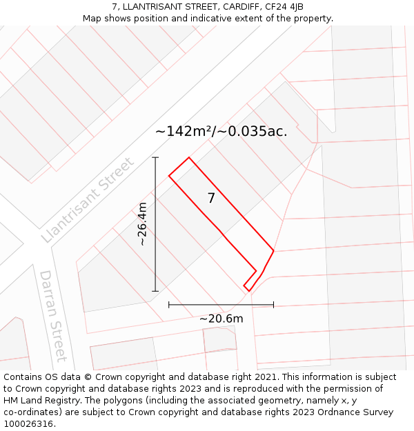 7, LLANTRISANT STREET, CARDIFF, CF24 4JB: Plot and title map