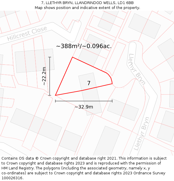 7, LLETHYR BRYN, LLANDRINDOD WELLS, LD1 6BB: Plot and title map