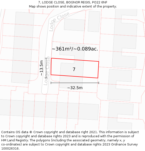 7, LODGE CLOSE, BOGNOR REGIS, PO22 6NF: Plot and title map