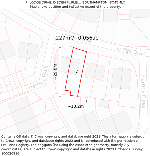7, LODGE DRIVE, DIBDEN PURLIEU, SOUTHAMPTON, SO45 4LX: Plot and title map