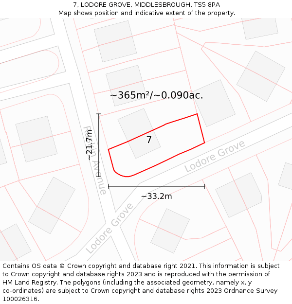 7, LODORE GROVE, MIDDLESBROUGH, TS5 8PA: Plot and title map