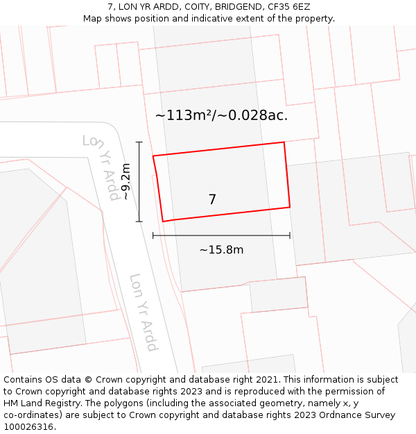 7, LON YR ARDD, COITY, BRIDGEND, CF35 6EZ: Plot and title map