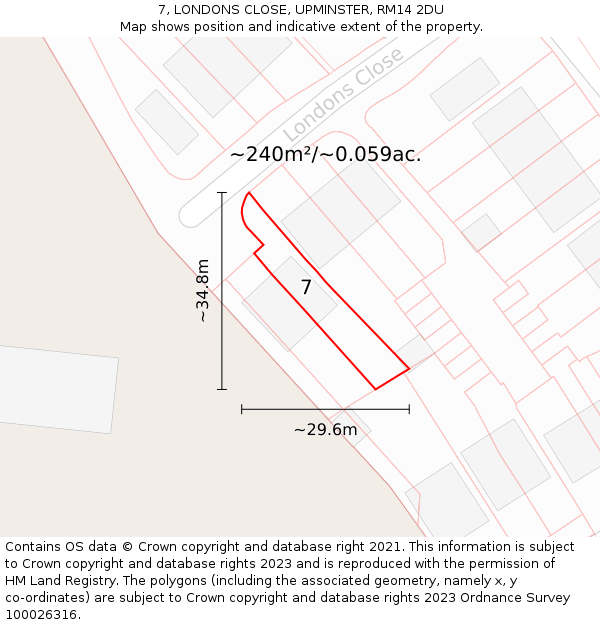 7, LONDONS CLOSE, UPMINSTER, RM14 2DU: Plot and title map