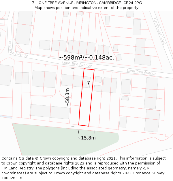 7, LONE TREE AVENUE, IMPINGTON, CAMBRIDGE, CB24 9PG: Plot and title map