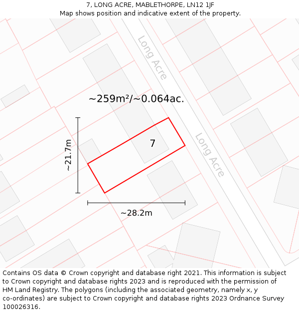 7, LONG ACRE, MABLETHORPE, LN12 1JF: Plot and title map