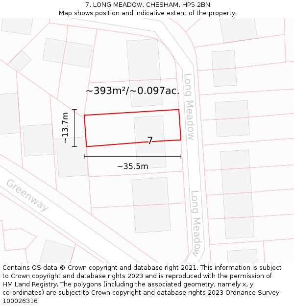 7, LONG MEADOW, CHESHAM, HP5 2BN: Plot and title map