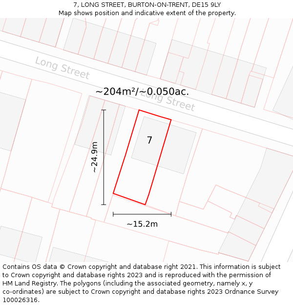 7, LONG STREET, BURTON-ON-TRENT, DE15 9LY: Plot and title map