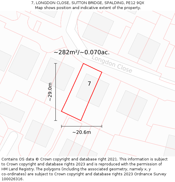7, LONGDON CLOSE, SUTTON BRIDGE, SPALDING, PE12 9QX: Plot and title map