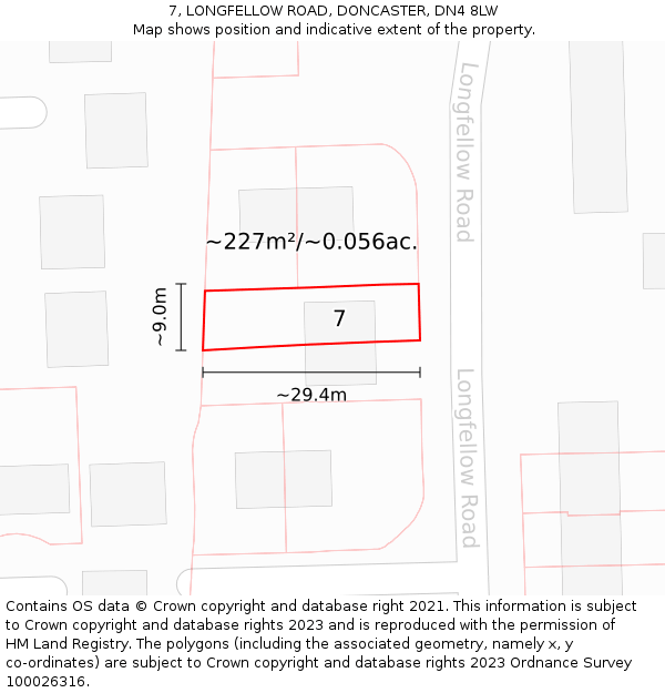 7, LONGFELLOW ROAD, DONCASTER, DN4 8LW: Plot and title map