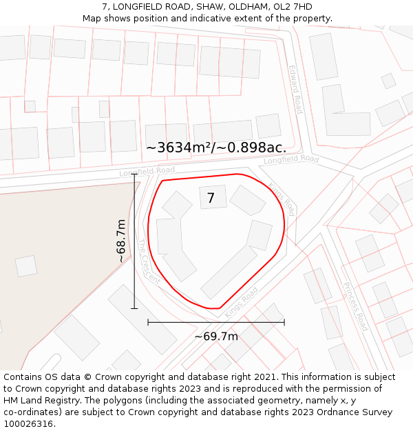 7, LONGFIELD ROAD, SHAW, OLDHAM, OL2 7HD: Plot and title map