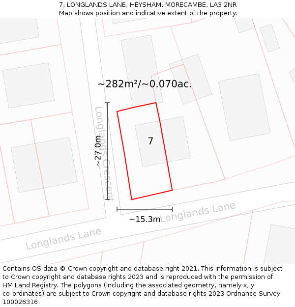 7, LONGLANDS LANE, HEYSHAM, MORECAMBE, LA3 2NR: Plot and title map