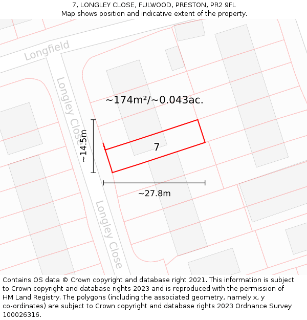 7, LONGLEY CLOSE, FULWOOD, PRESTON, PR2 9FL: Plot and title map