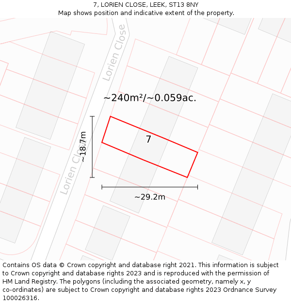 7, LORIEN CLOSE, LEEK, ST13 8NY: Plot and title map