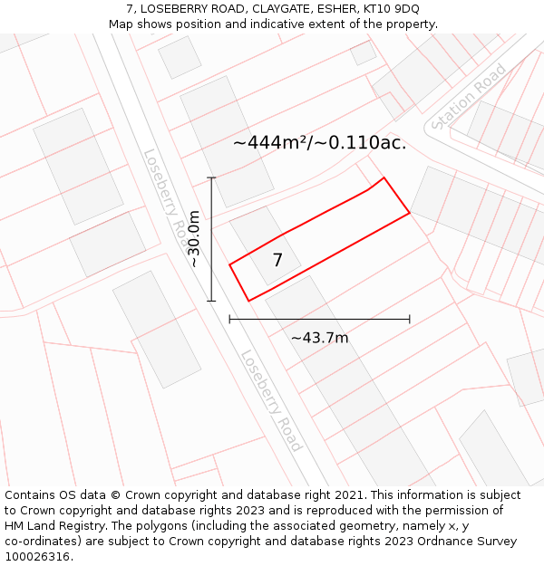 7, LOSEBERRY ROAD, CLAYGATE, ESHER, KT10 9DQ: Plot and title map