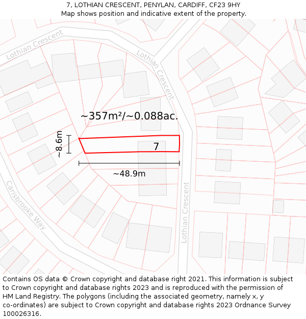 7, LOTHIAN CRESCENT, PENYLAN, CARDIFF, CF23 9HY: Plot and title map